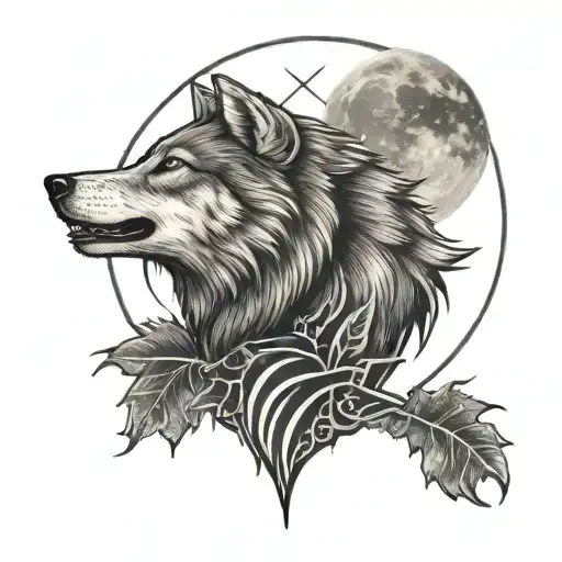 Wolf Howling Facing Up Moon Surrounded