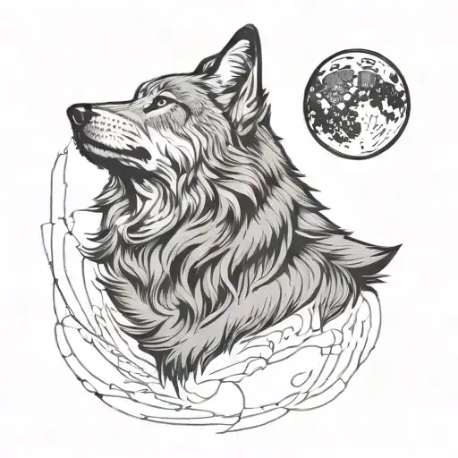 Wolf Howling Facing Up Moon Surrounded Minimilist Sketch Black