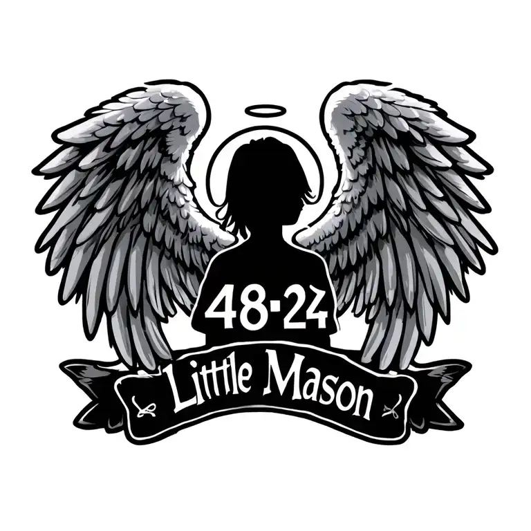 Angel Wings With The Name Little Mason In It And 4-08-24 Under It With A Little Halo Above It All
