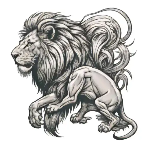 Lion On Right Peck With Lions Mane Flowing Over To The Shoulder