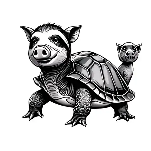 Cartoon Style Turtle With A Pig And Sloth