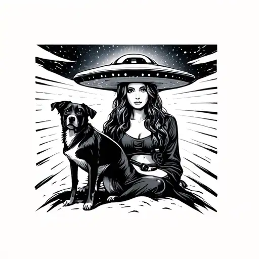 Woman And Dog In Ufo Beam