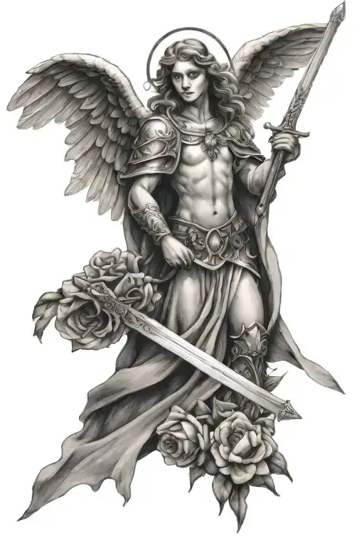 Guardian Angel Holding A Sword With Flowers Around It