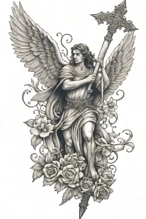 Guardian Angel Holding A Sword To The Ground With Flowers Around It