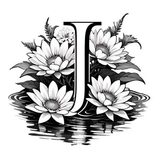 The Letter J With Water Lilies And Daisies Surrounding It