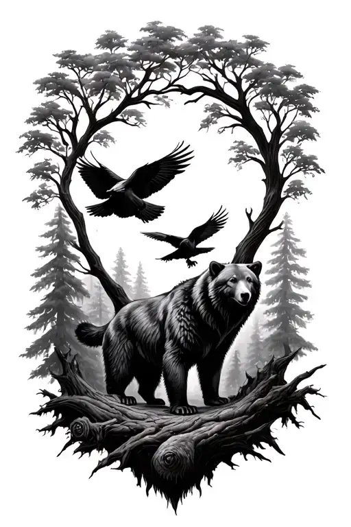 Tree Of Life With Bear And Wolf And Raven Flying