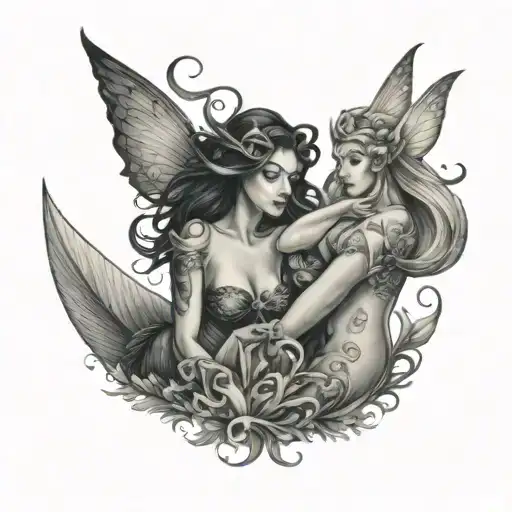Fairy And A Mermaid Meeting Illustrative Style