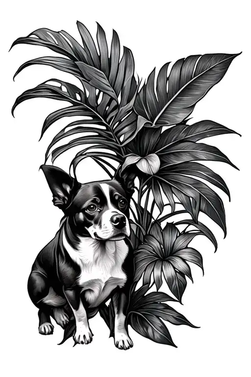 Tropical Plant With No Flowers And A Dog In The Center