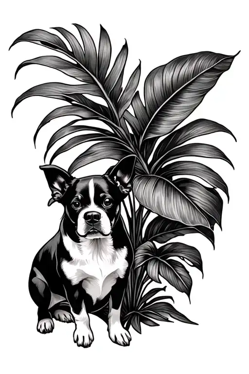 Tropical Plant With No Flowers And A Dog In The Center