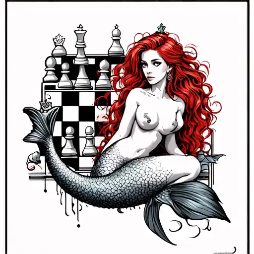 Sexy Red Hair Mermaid With Chess King And Chess Background