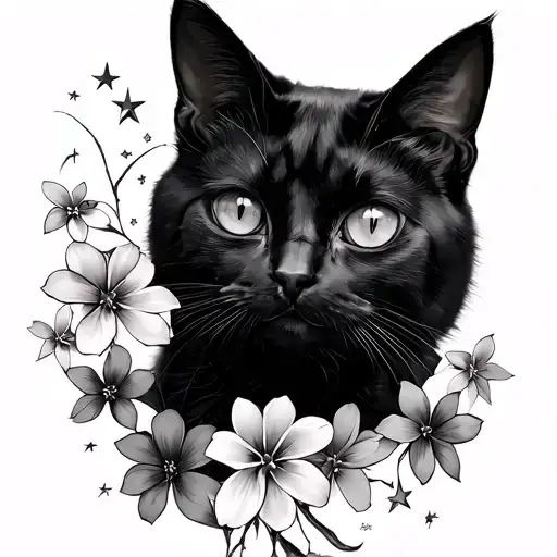 Black Cat Five Petal Flowers Stars
