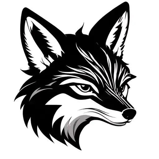 Black And White Fox Silhouette Tattoo With Markings On Face Of Traditional Japanese Kitsune Mask