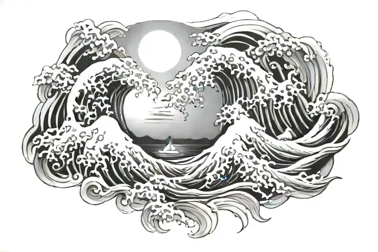 Japanese Waves And Sun Setting