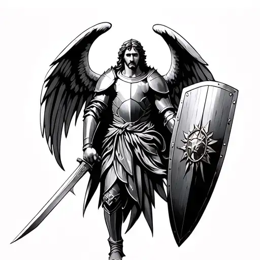 Saint Michael With The Full Armor Of God On With A Sword In One Hand And Shield In The Other