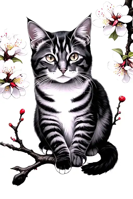 Cat Lying Gracefully On A Cherry Blossom Branch Representing