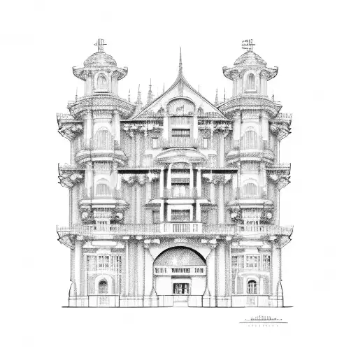 An Architectural Blueprint Of A Famous Building With A Vintage Car Parked In Front