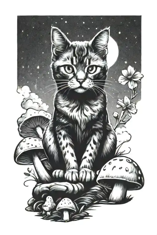 Small Sad Cat Sitting By Mushrooms With The Night Sky Above