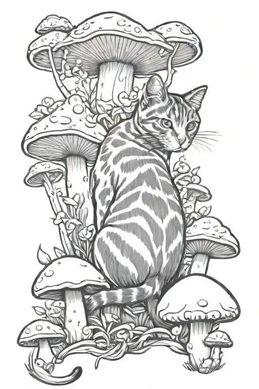 Cat Laying Down Amongst Mushrooms Looking Defeated And Sad