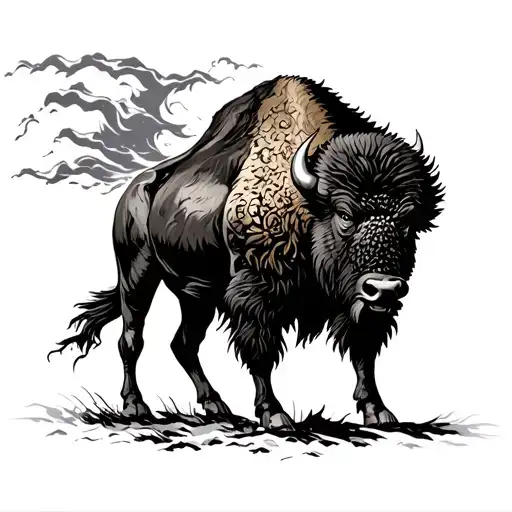 Bison In Storm Wind Blowing