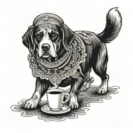 A Traditional Punjabi Dancer Holding A Coffee Cup With A Dog At Their Feet