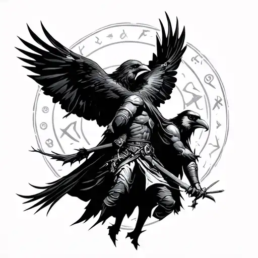 Viking Runes And Viking Warrior And Raven Flying