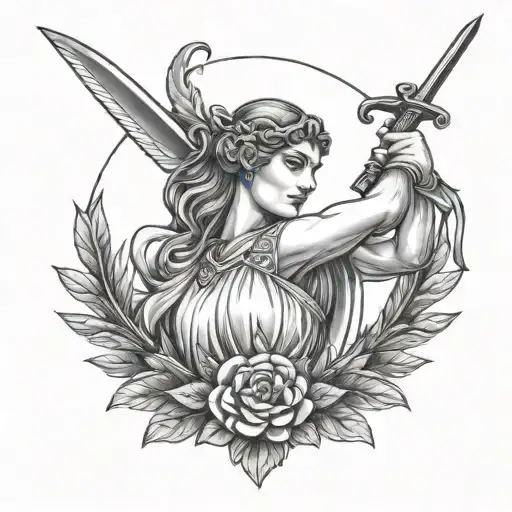 A Roman Goddess Holding A Laurel Wreath And A Sword