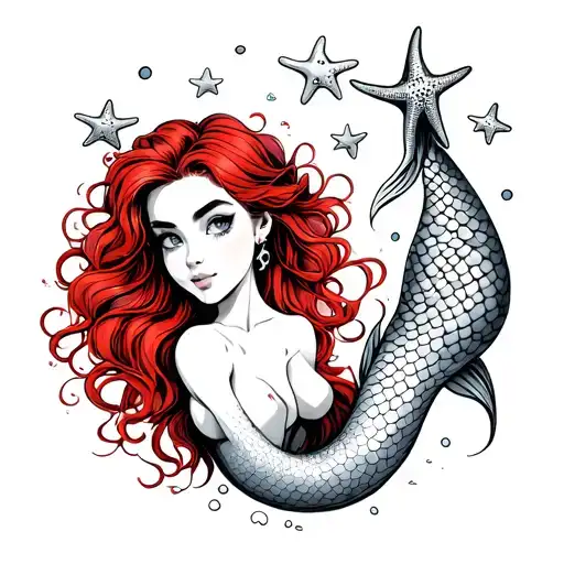 Little Mermaid With 3 Star Fish Fine Line With Red Hair