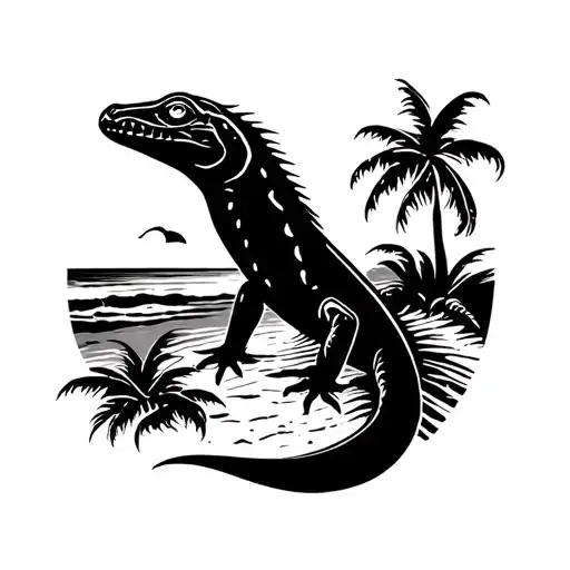 Wall Lizard Silhouette With A Beach Inside