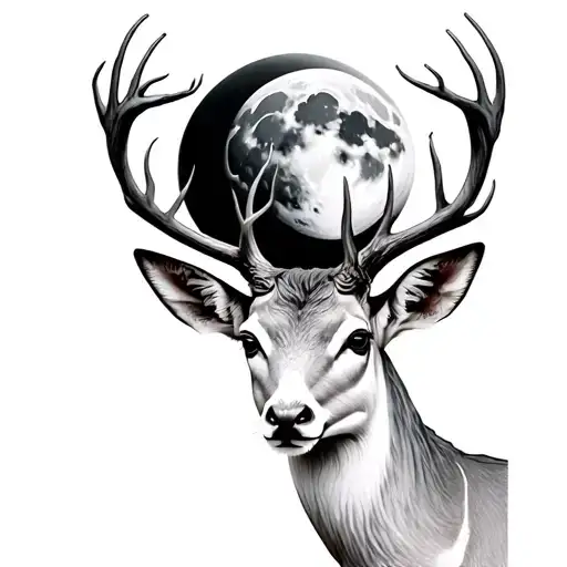 Head Of White Deer With A Full Moon On Head