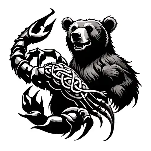 Celtic Style Tattoo With Bear On Shoulder And Scorpion On Forearm
