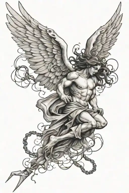 Falling Angel With Chains And Lightening And Clouds