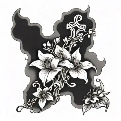 Cross Tattoo Surrounded With Birth Flowers October July August May