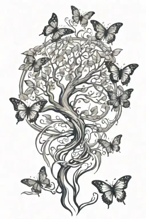 Tree Of Life Tattoo With Roots With 3 Butterflies Flying Above It