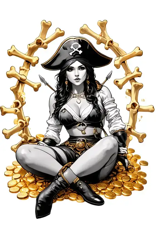 Female Pirate Captain Sitting Surrounded By Gold And Bones