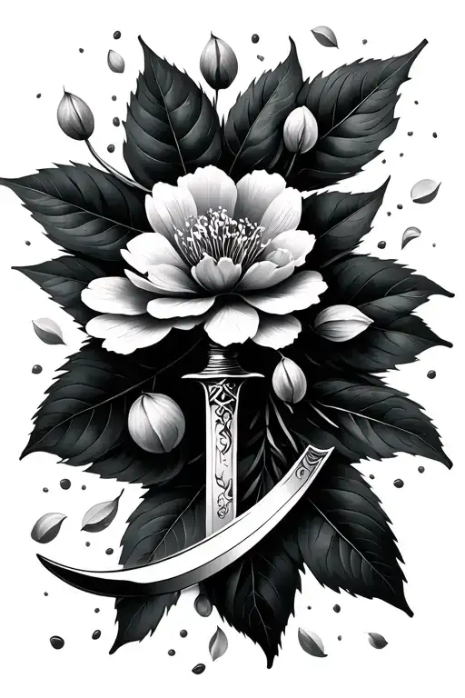 Dagger And Cherry Blossom Petals Floating