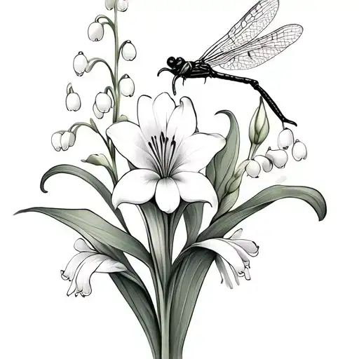 Lily Of Valley And Gladiolus Flower With Dragonfly