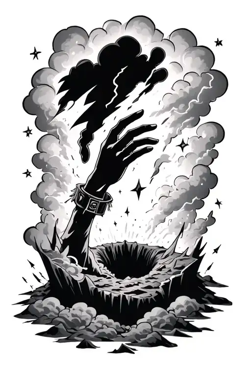 A Hand Helping Someone Out Of A Hole Surrouned By Clouds Lightning And Stars