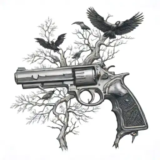 A Realistic Gun Morphing Into A Tree With Crows Perched On The Branches