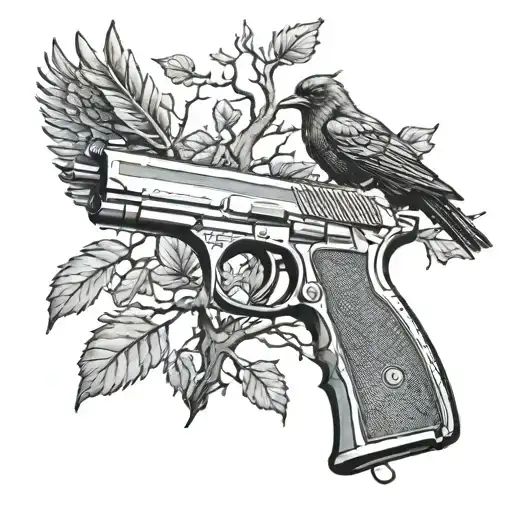 A Realistic Gun Morphing Into A Tree With Crows Perched On The Branches