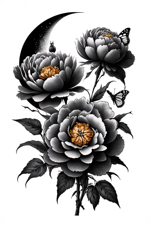 Peony Flowers With Moon And Butterlfy Full Sleever Many Peonies