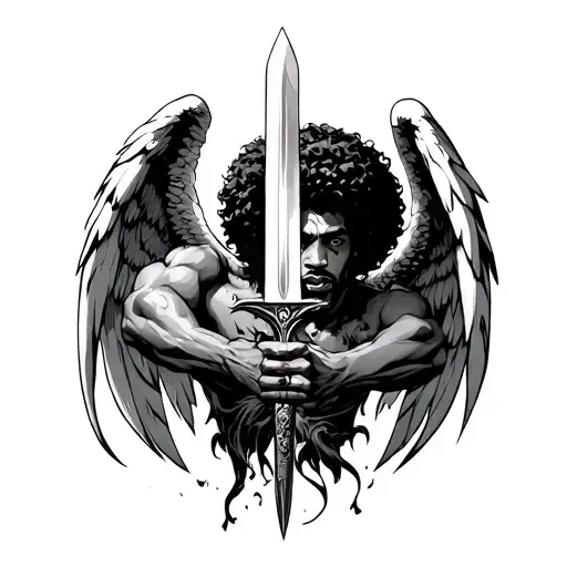 An Afro Male Angel With Negro Features Slicing An Devil Down With A Sword