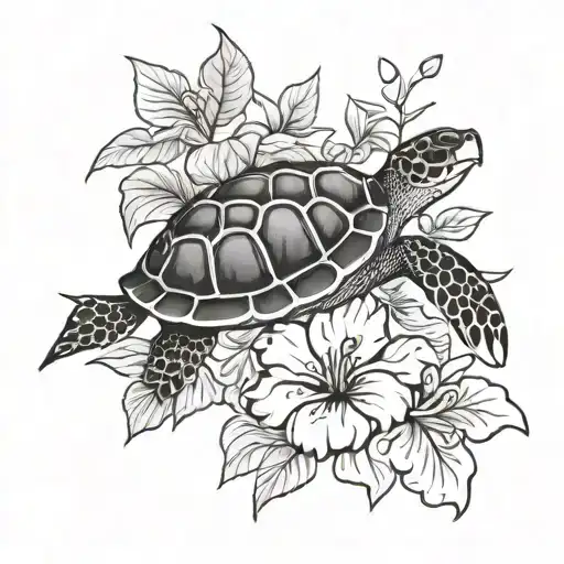 Turtle And Hibiscus Flower Intertwined