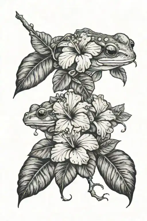 Half Sleeve With Tropical Leaves Hibiscus Flowers And A Tree Frog
