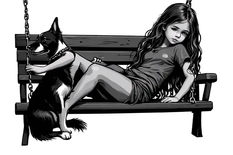 Little Girl Long Hair On A Swing With A Dog Sitt Woman