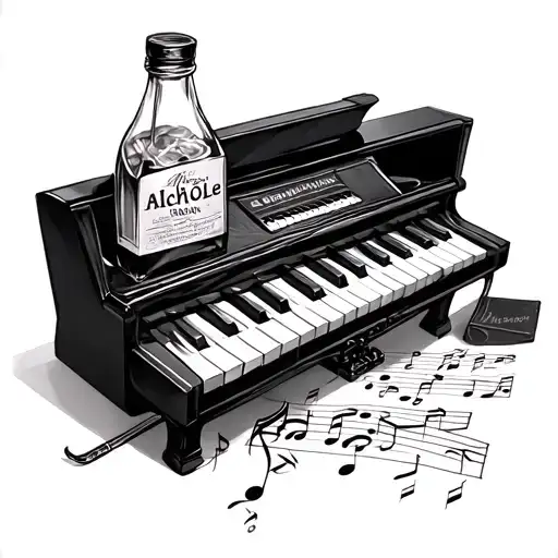 Bottle Of Alchole On A Paino Keys And Music
