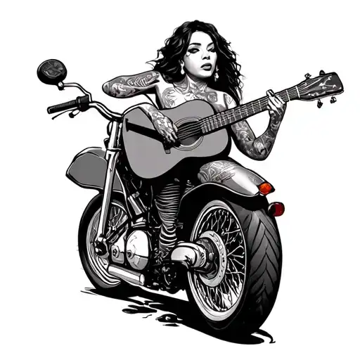 Tatted Women Playing Guitar On A Motorcycle