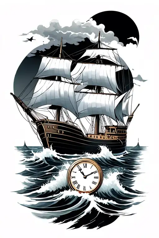 Ocean With Clipper Ship And Time S H Calligraphy