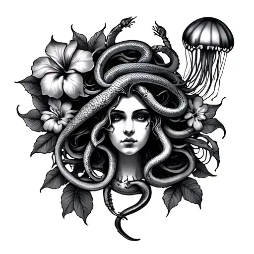 A Medusa Tattoo With A Jellyfish A Snake And A Scorpion With Hibiscus Flowers