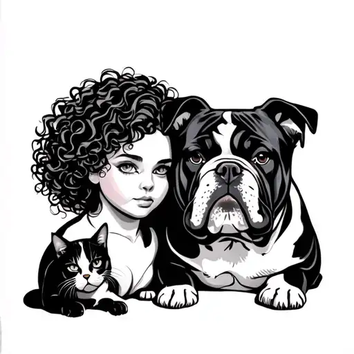 Curly Head Girl With A Cat And English Bulldog