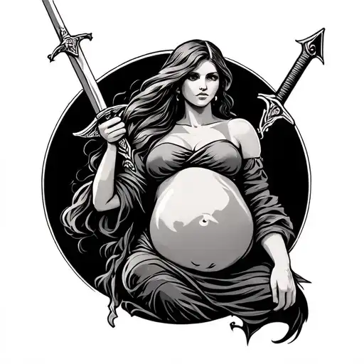 A Pregnant Woman Holding A Sword